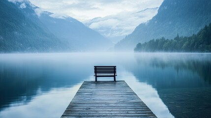Naklejka premium A quiet lakeside pier with a single wooden chair, surrounded by misty mountains, pure serenity and mindfulness