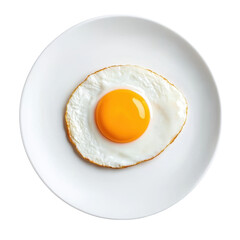 Fried egg on a white plate, top view. Concept of breakfast, healthy food, and simple cooking.