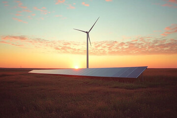 Obraz premium clean energy concept, Solar power plant and wind turbines at beautiful sunset background.