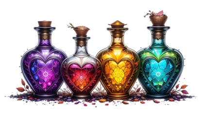 Colorful decorative heart-shaped potion bottles artwork isolated on png