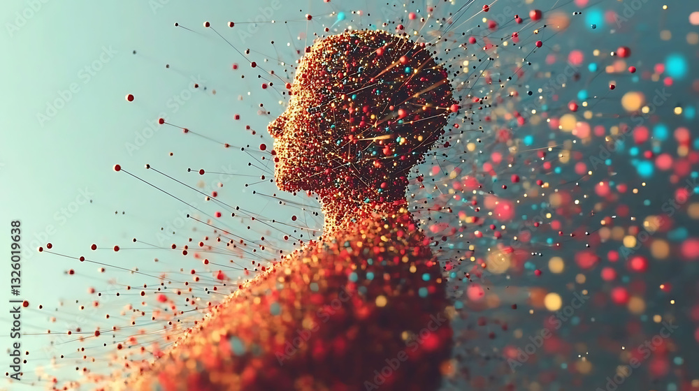 Poster abstract human form composed of colorful particles and connecting lines, evocative of connection, ne