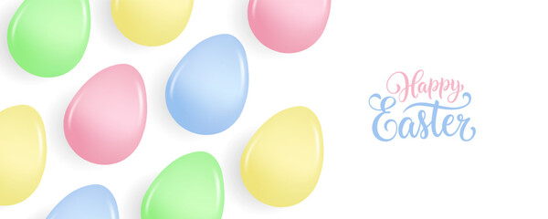 Happy Easter festive banner. Hand lettering greetings and color glossy Easter Eggs. White background. Vector illustration.	