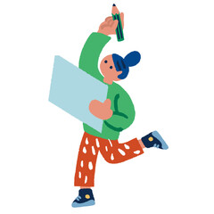 鉛筆と紙を持つ女性のシンプルでフラットなイラスト
