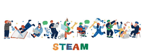 STEAM教育の文字と学生のポップでフラットなイラスト
