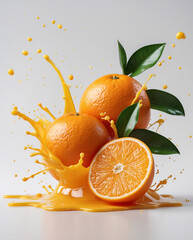 Ripe juicy oranges with orange juice splash in clean white backdrop ideal for healthy fruit advertising Stock Photo Image Fruits Presentation