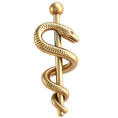 Obraz premium Caduceus Medical Symbol Icon, sleek design featuring intertwined snakes and wings, set against a minimalist white background PNG. GENERATIVE AI