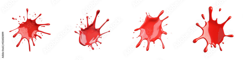 Poster four distinct red paint splashes in varying shapes and sizes, showcasing a vibrant and dynamic visua