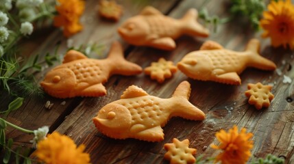 Fototapeta premium Goldfish Crackers: These fish-shaped crackers are baked to a perfect crunch, lightly salted, and come in a fun orange color, making them a popular snack choice. 