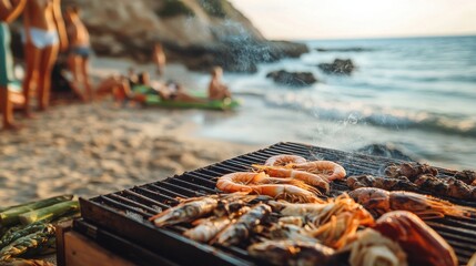 Beachside barbecue featuring fresh seafood with people enjoying the sunset by the ocean