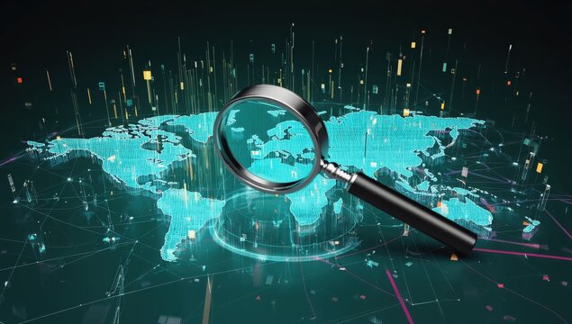 A futuristic visualization displays a digital world map with a magnifying glass focusing on Europe. Data points and graphics represent information analysis in a technology-driven environment