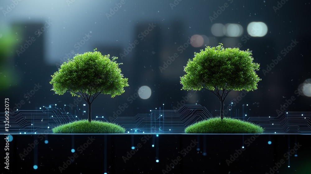 Poster tree growing from circuits futuristic cityscape with trees growing on buildings and interconnected b