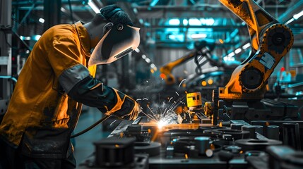 Fusion of Man and Machine in Captivating Industrial Symphony A state of the art car parts manufacturing facility showcases robotic welding creating a mesmerizing interplay of light and shadow