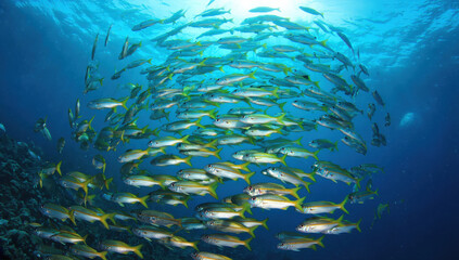 Naklejka premium A large school of tropical fish glides gracefully through the clear blue waters of the ocean, surrounded by a stunning coral reef teeming with marine life. Sunlight filters through the surface