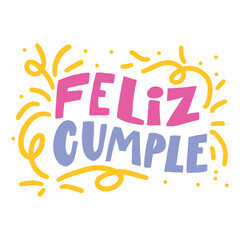 A festive "Feliz Cumple" birthday design with colorful lettering and confetti accents.