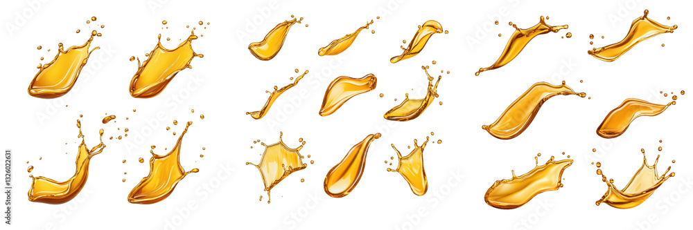 Poster a series of dynamic splashes of yellow liquid, showcasing various shapes and movements in a visually