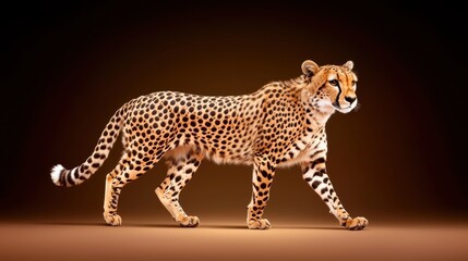 Fototapeta premium A cheetah gracefully walks against a warm, neutral background, highlighting its distinctive spotted coat and elegant physique.