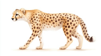 A graceful cheetah walks confidently, showcasing its distinctive spotted coat and sleek body, symbolizing speed and elegance in the animal kingdom.