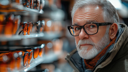 Fototapeta premium Elderly man trying on glasses in an optics store. Choosing stylish frames and lenses for vision correction. copy space, banner,