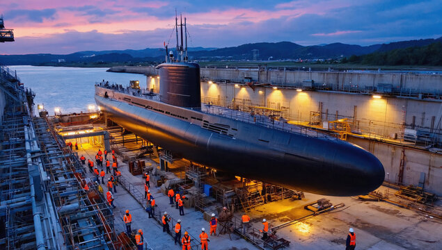 A large submarine is lifted at a shipyard as workers in orange vests carry out maintenance tasks around it. The sunset creates a colorful backdrop over the water and hills