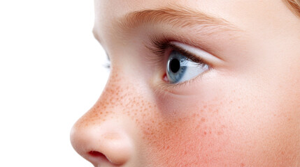 Obraz premium Profile of young child highlighting delicate features, including freckles, blue eye, and eyelashes, conveying concepts of childhood, innocence, and natural beauty