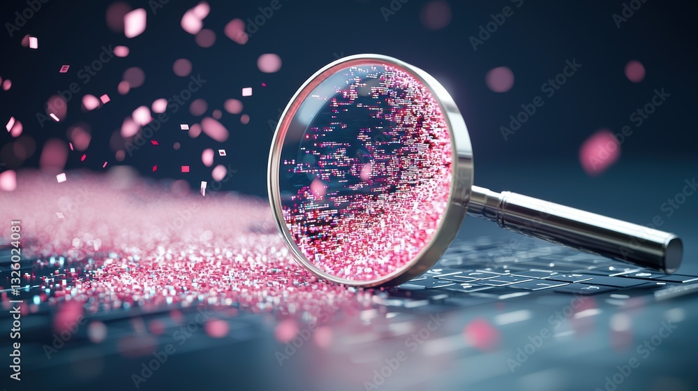 Poster magnifying glass on a webpage a magnifying glass with digital data streams flowing through it, super