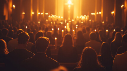 Congregation bowing in solemn reverence during candlelight service in a historic church setting