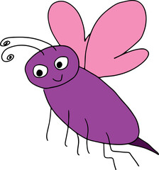 funny flying purple insect with antennae and an awl on its abdomen and pink wings