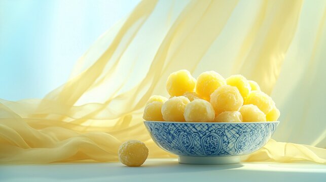 An elegant presentation of Med Kanoon , golden jackfruit-shaped sweet mung bean treats glistening with syrup placed on an elegant blue-and-white Thai porcelain bowl with golden silk fabric draped in