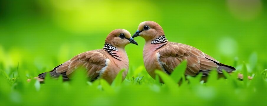 Two turtle doves nestled in lush green grass, close-up view , grass, pair, spring