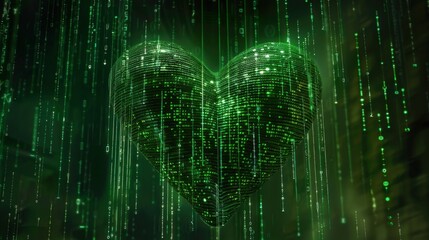 Matrix Heart: A heart formed from cascading lines of code, symbolizing love in the digital age of the Matrix, where emotions flow through virtual realities.
