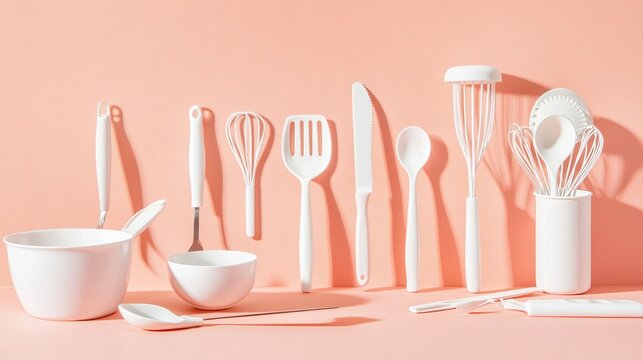 A clean flat lay of baking tools on a pastel surface with space for branding text digital