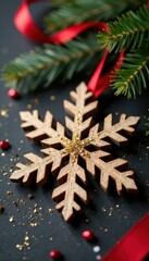 Wooden snowflake with glitter, red ribbon, evergreen sprigs, red, snowy