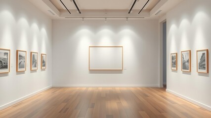 Obraz premium A modern gallery interior showcasing a wall art mockup, featuring clean white walls, elegant lighting, and sleek wooden floors, wall art, perspective, lighting