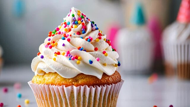 Colorful cupcake with sprinkles displaying delicate swirl and tempting confectionery art