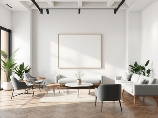 A modern office space with a mockup of abstract wall art, minimalistic furniture, and plants in the background, furniture, contemporary, plants