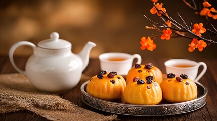 An elegant presentation of Kanom Farang Kuthi Jin , golden sponge cakes with crispy edges topped with raisins placed on a silver pedestal tray with a teapot and delicate Thai porcelain teacups, shot