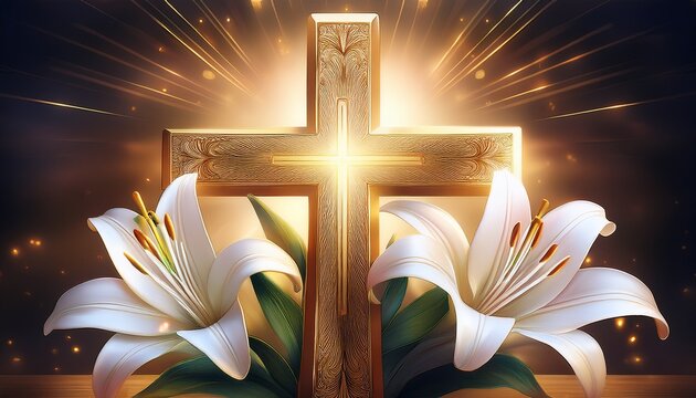 Elegant golden cross adorned with pure white lilies in soft, glowing light, beautifully symbolizing purity, unwavering faith, and the essence of Christian devotion.

