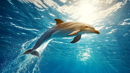 Obraz premium A dolphin swimming gracefully underwater, illuminated by sunlight filtering through the ocean surface. Concept Dolphin Underwater, Graceful Movement, Sunlight Effects, Ocean Photography