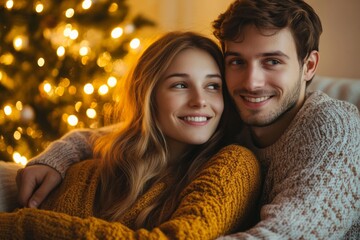 young couple on couch Christmas 