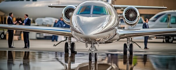 Gleaming silver private jet parked on the wet tarmac with people