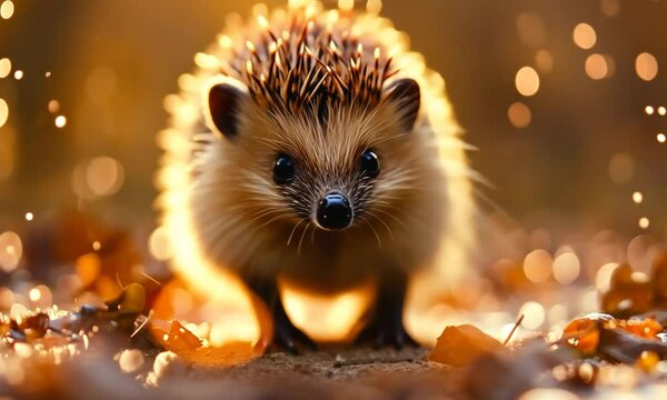 A cute hedgehog foraging on a forest floor covered in autumn leaves, with soft sunlight filtering through