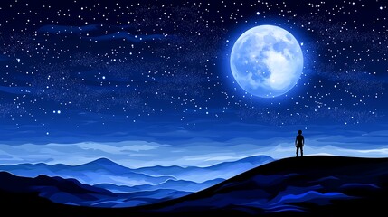 Naklejka premium Silhouette figure gazing at a vast, starry night sky with a large moon over a mountain range
