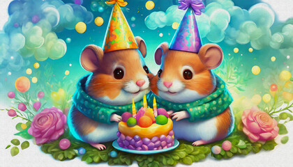 Obraz premium CARTOON CHARACTER CUTE baby cute hamsters, wearing a tiny party, oil painting style