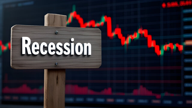 Recession Warning Sign Against Stock Market Crash Graph — Economic Downturn and Financial Crisis Concept