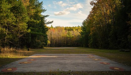 Vacant archery area with targets against a backdrop of trees.