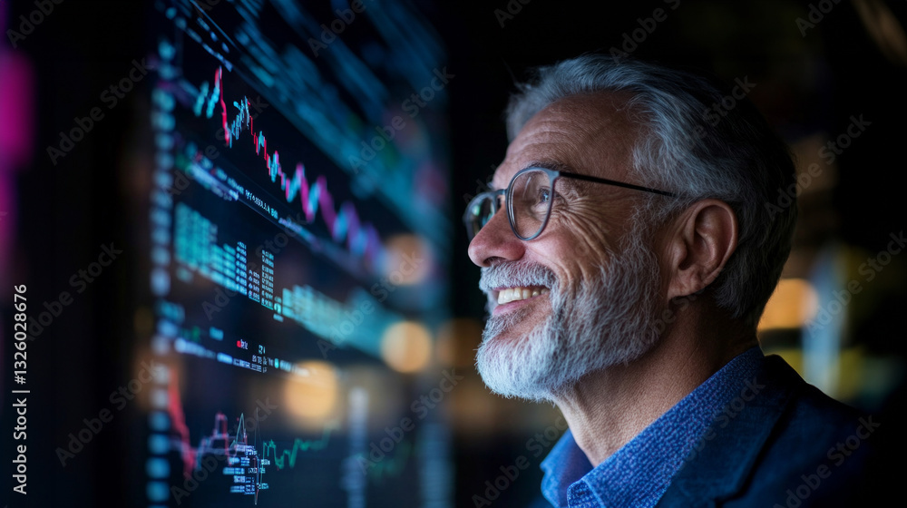 Poster senior man smiling while observing data on digital screen in a modern environment during evening hou