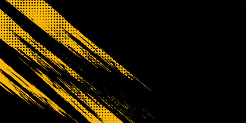 Halftone yellow dots pattern and black gradient grunge texture background. Dotted line comic sport style vector illustration