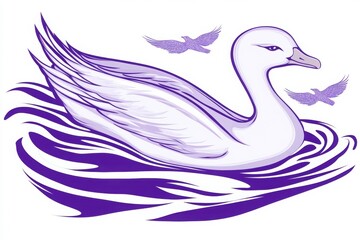 Obraz premium A stylized purple swan glides gracefully on swirling water, with two smaller birds flying above, creating a serene and artistic scene.