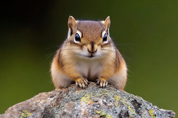 a chipmunk perched on top of a rock,