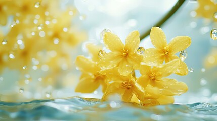 Fototapeta premium A yellow osmanthus flower with water droplets in the water, the foreground is fuzzy yellow osmanthus, The bottom is transparent water, clear and bright style, photography, Ultra HD
